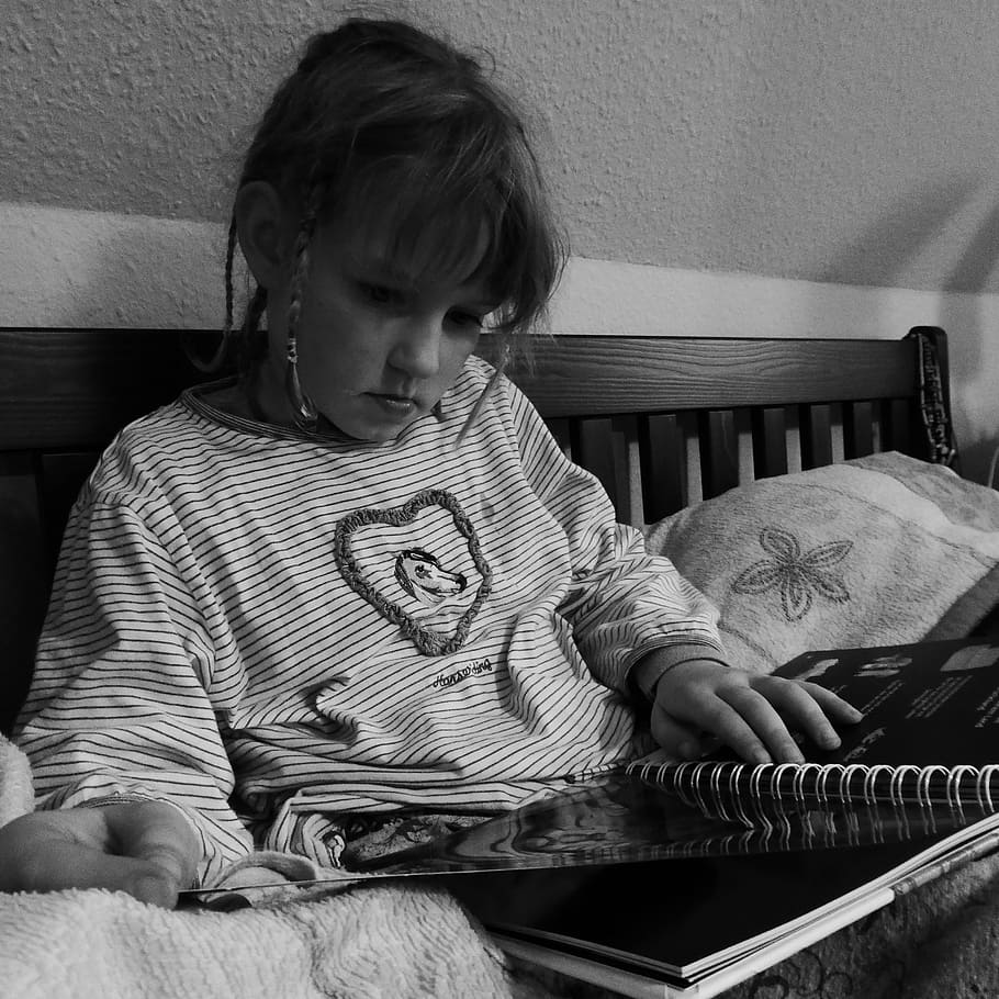 child, read, rest, silent, black and white, learn, girl, homework HD wallpaper