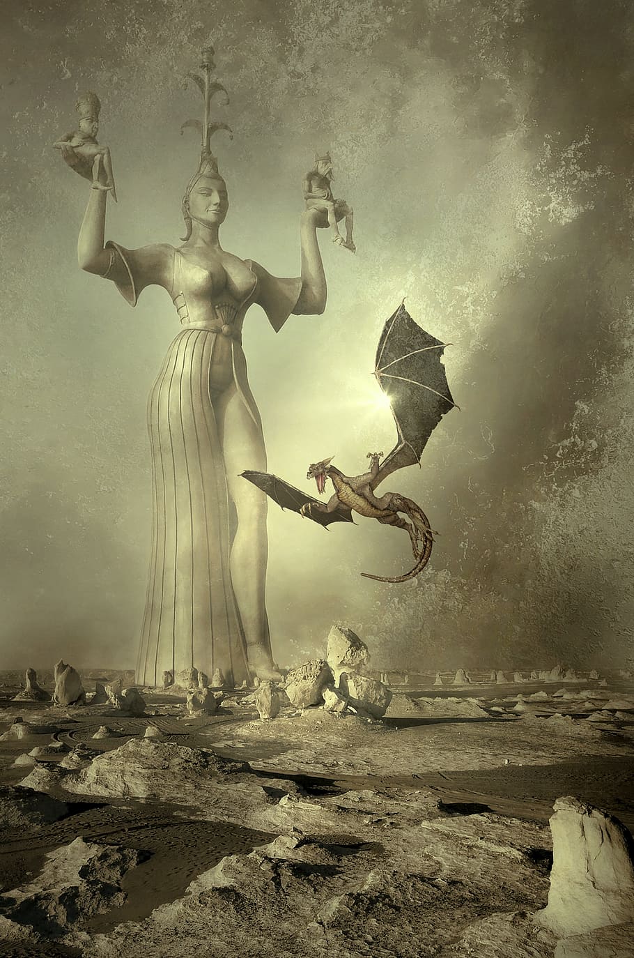dragon flying near statue illustration, fantasy, book cover, landscape