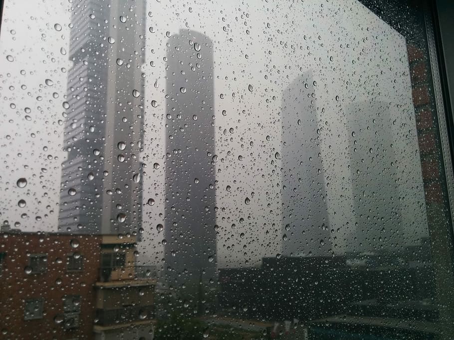 Drops, City, Wet, Torres, rain, skyscraper, madrid, glass, weather HD wallpaper