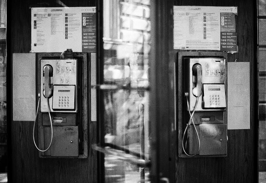phones, wired, old, unused, telephone, booth, symmetry, technology, HD wallpaper