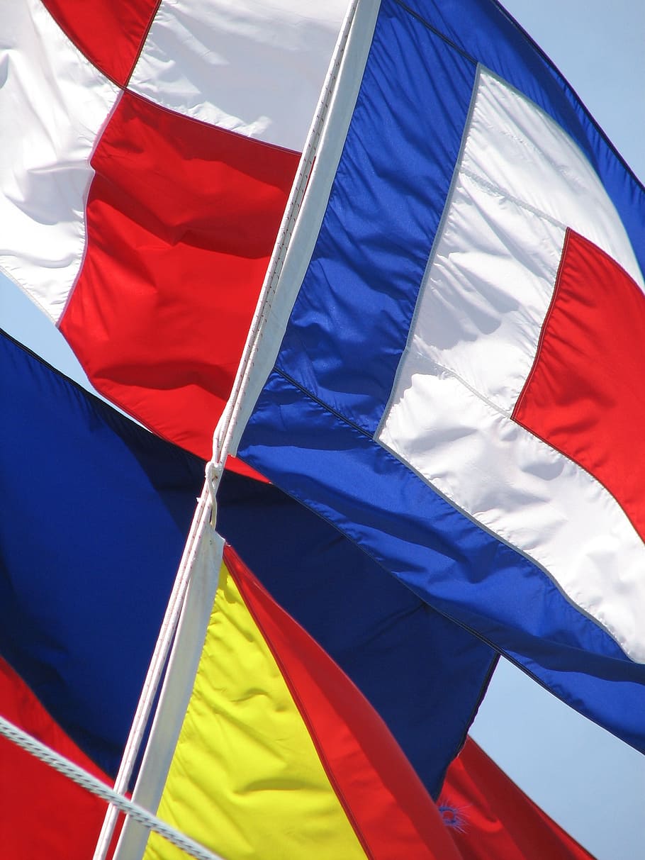 flags, nautical flags, sea, white, blue, red, yellow, color HD wallpaper