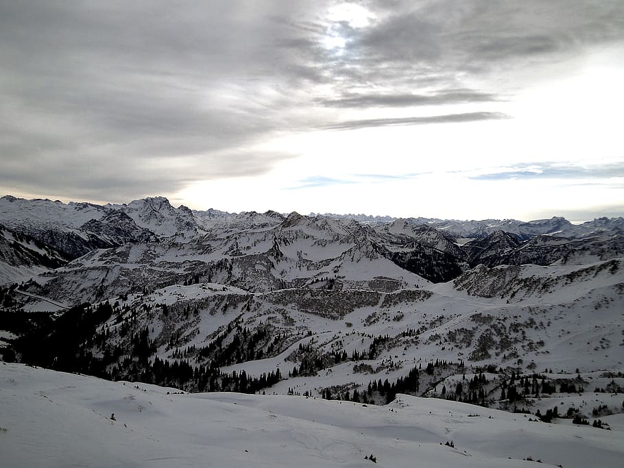 trees near snow covered mountains, ski, drive, winter, snowboard HD wallpaper