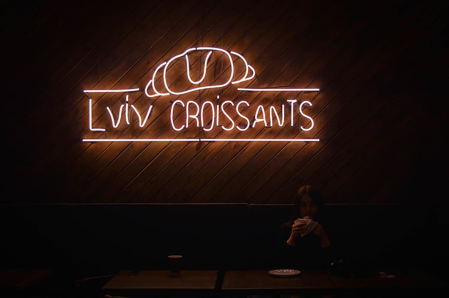 neon, light, night, wall, people, indoor, eating, bread, bakeshop HD wallpaper