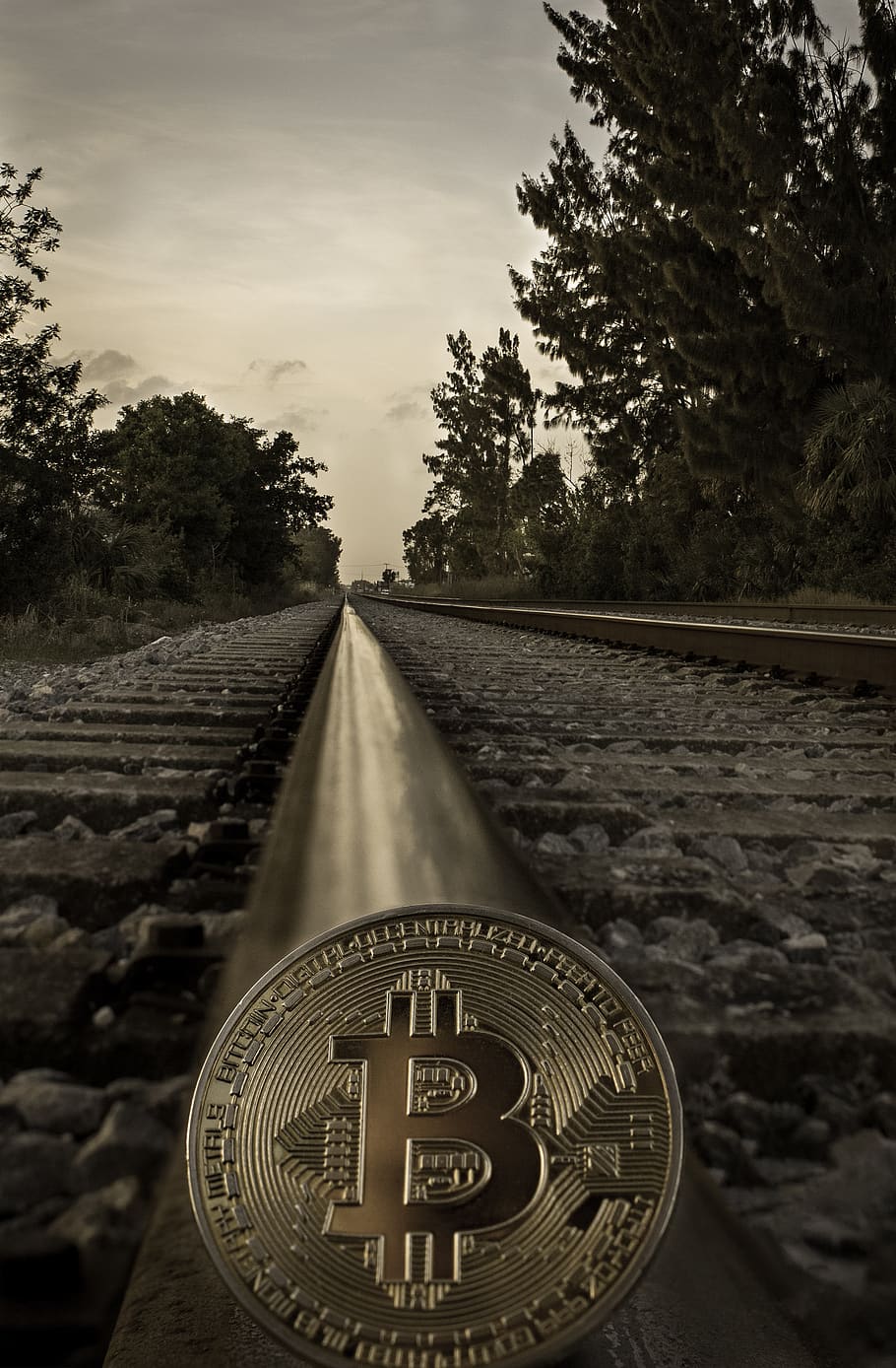 cryptocurrency, concept, rail tracks, bitcoin, blockchain, money