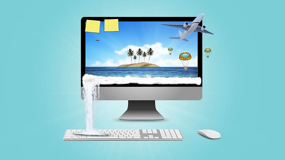 iMac, magic keyboard and mouse, vacation, screensaver, beach
