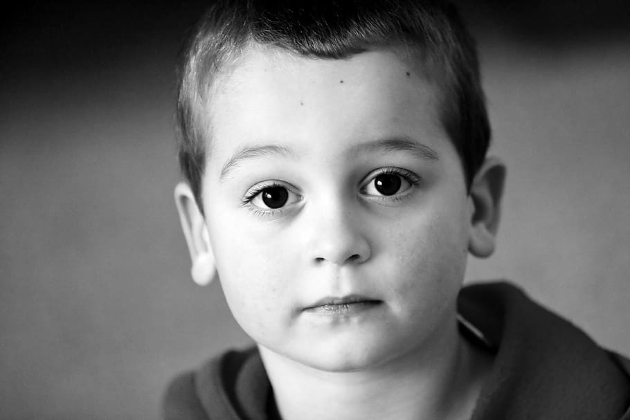 grayscale photography of boy head, little boy, child, sad, tired