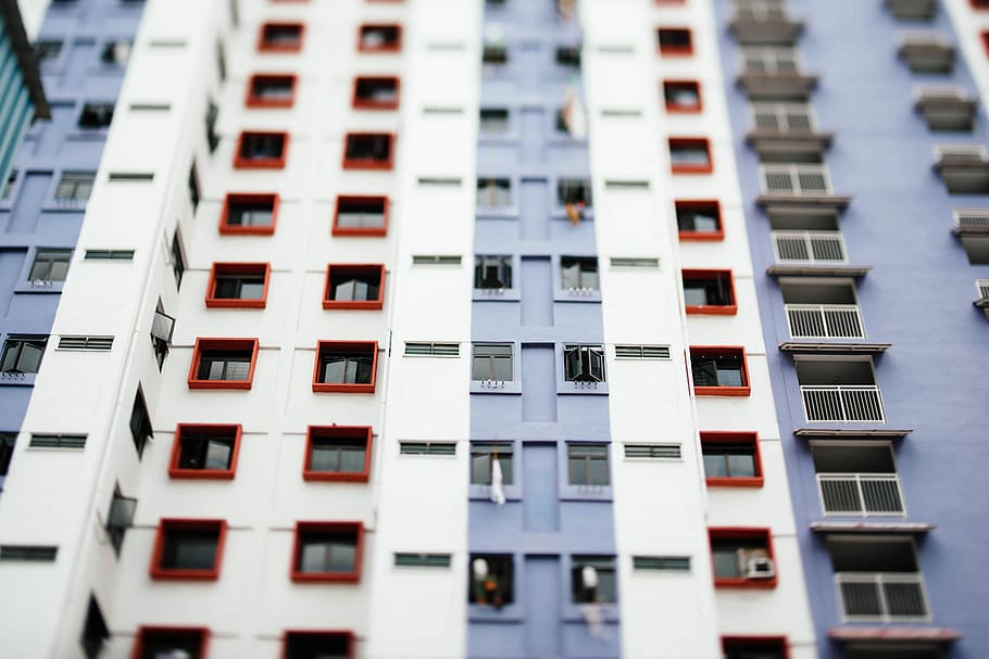 worm's eye view of white and gray building during daytime, white and blue painted building HD wallpaper