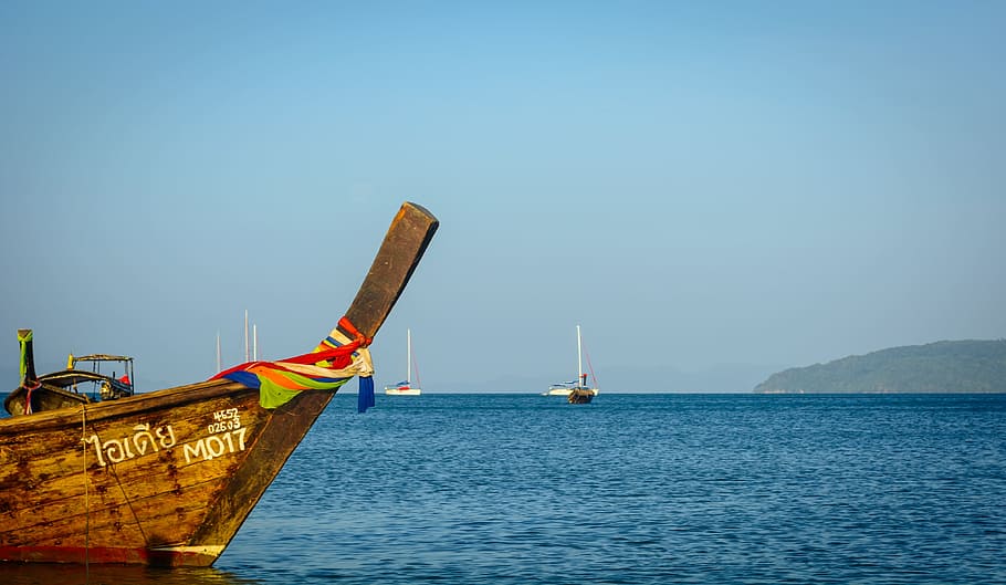 brown boat on sea under blue sky, Blue, Sea, Ocean, Water, cliff, HD wallpaper