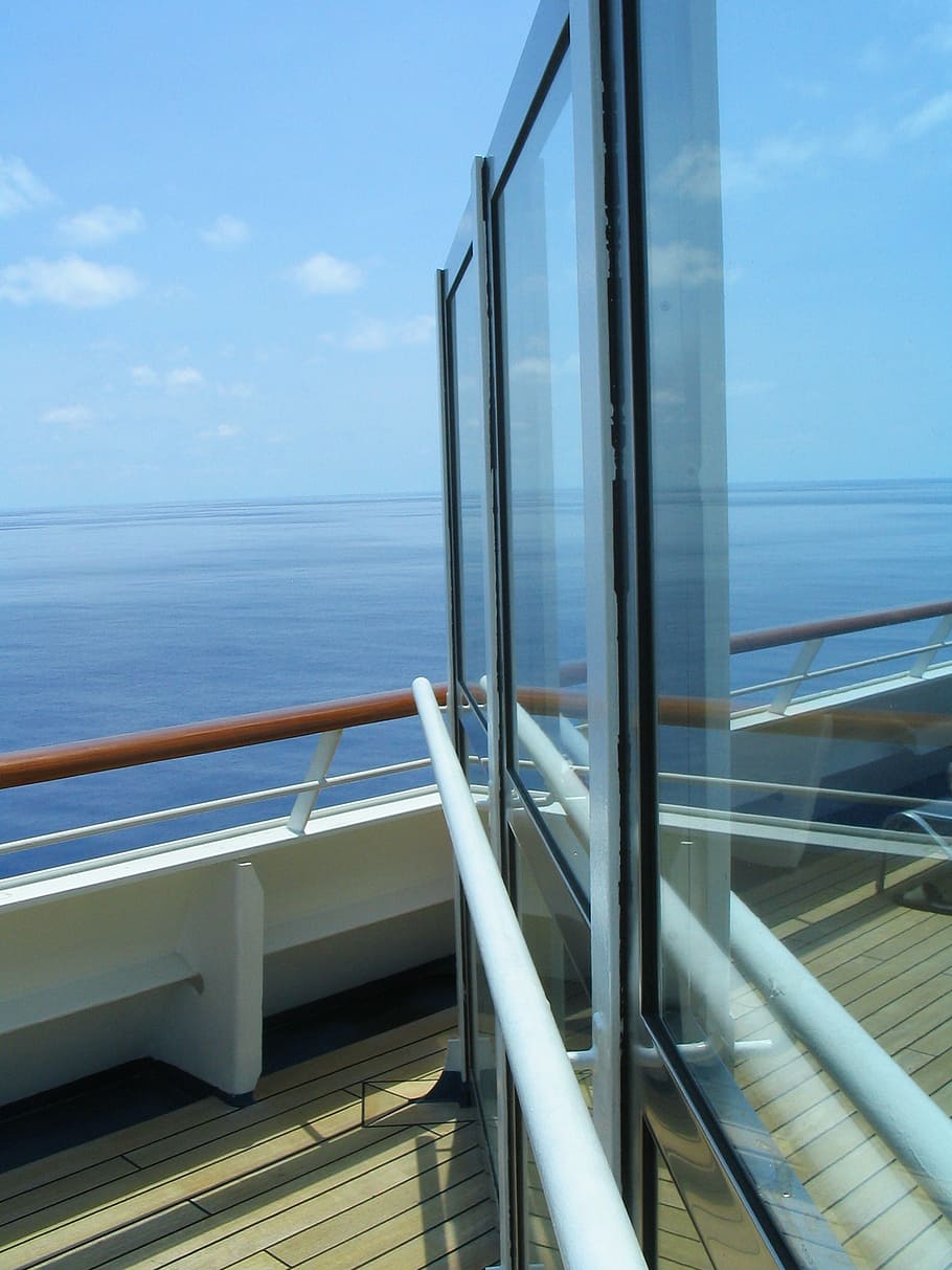 reflection, glass, architecture, blue, transparent, sky, railing HD wallpaper