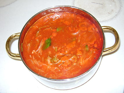 silver cooking pot filled with red dish, soup, vegetable soup HD wallpaper