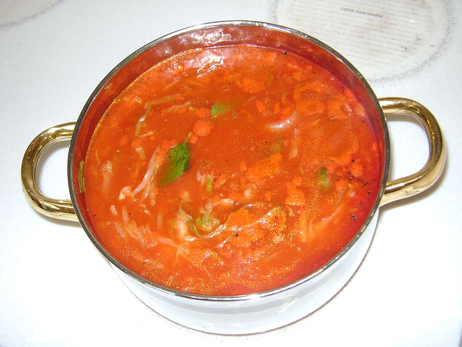 silver cooking pot filled with red dish, soup, vegetable soup HD wallpaper