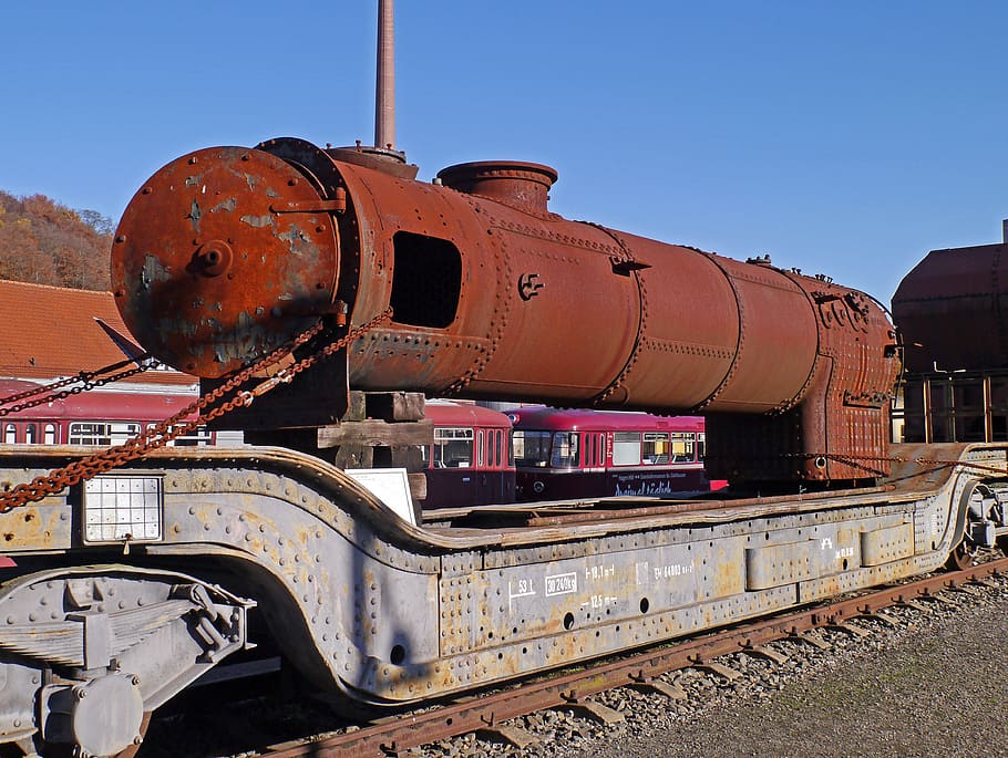 Steam Locomotive Boiler, Railway Museum, low-bed trailer, rusty, HD wallpaper