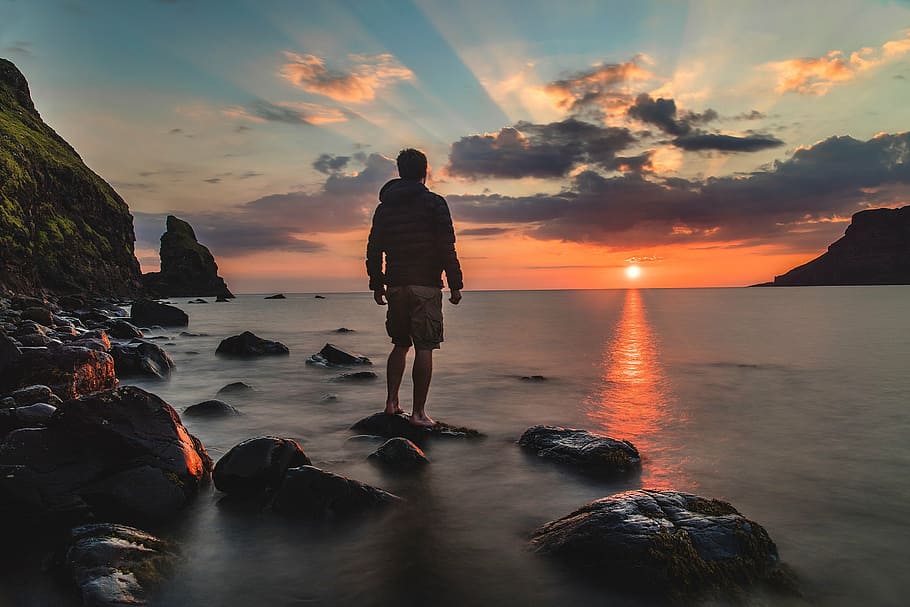 man standing near body of water, one, stone, watching, sunset, HD wallpaper