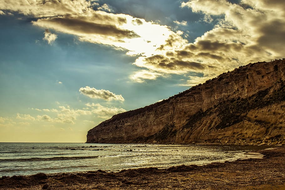 beach, cliffs, landscape, scenic, scenery, sky, clouds, afternoon HD wallpaper