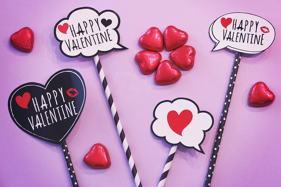 three Happy Valentines sticks, love, heart Shape, romance, red HD wallpaper