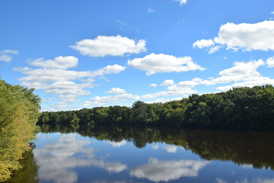river reflections, clouds, sky, landscape, blue, water, tranquil HD wallpaper