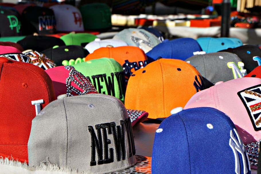 caps, market, objects, colors, multi colored, day, clothing HD wallpaper