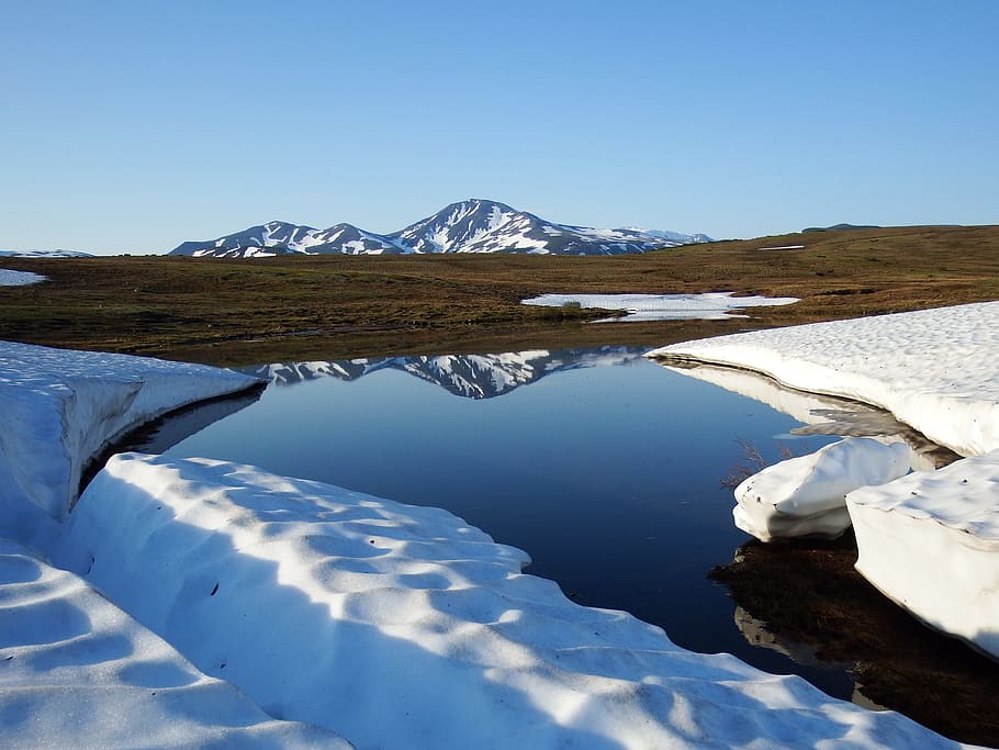 volcano, lake, river, reflection, mountains, landscape, nature HD wallpaper