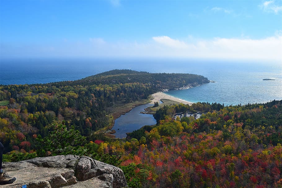 mountain, trees, nature, landscape, coast, sky, clouds, outdoor HD wallpaper