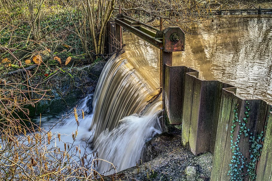 waterfall, movement, wave, brown, flow, steel wall, dam, waters HD wallpaper