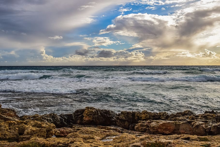 body of water illustration, sea, sky, clouds, nature, landscape HD wallpaper