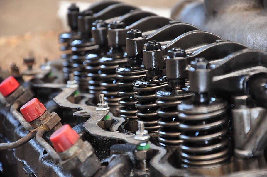 closeup photography of vehicle engine, mechanics, springs, industry HD wallpaper