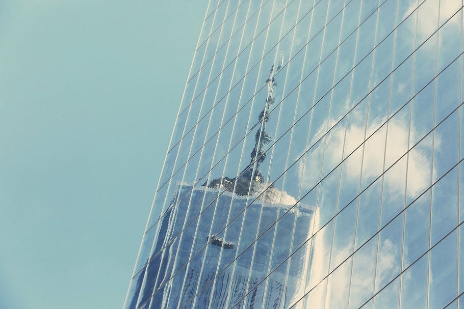 low angle photo of curtain wall building, photography, windows HD wallpaper