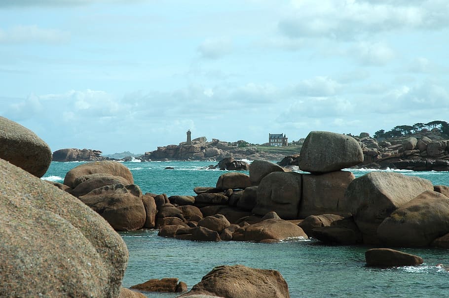brittany, sea, coast, rock, rocky coast, lighthouse, english channel, HD wallpaper