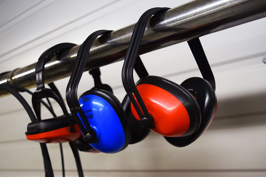 two red and one blue noise-cancelling headphone, earmuffs, noise cancelling, HD wallpaper