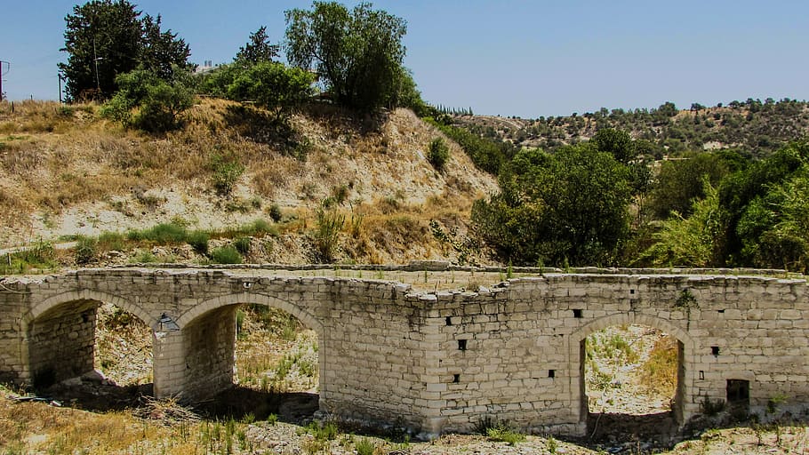 cyprus, alethriko, bridge, stone built, old, architecture, tree HD wallpaper