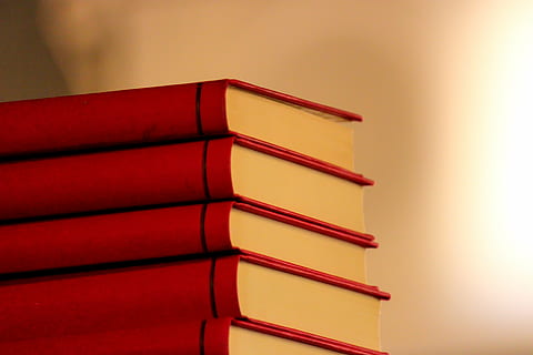 five red books, stack, library, education, study, literature HD wallpaper