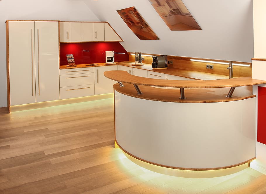 brown and white bar counter inside room, kitchen, modern, illuminated HD wallpaper