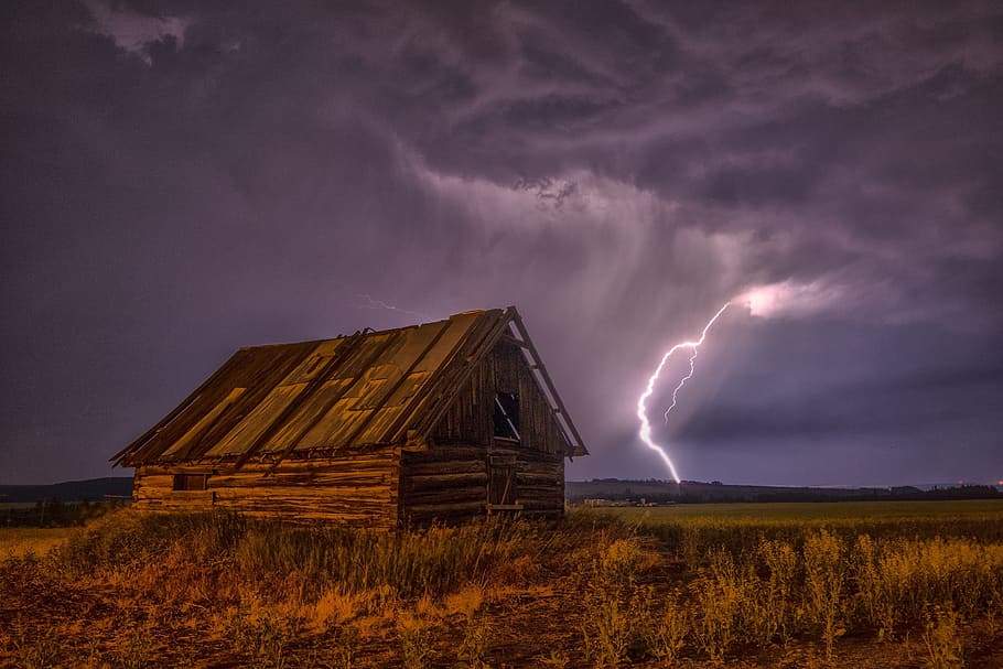 lightning near house, barn, bolt, storm, thunderstorm, clouds