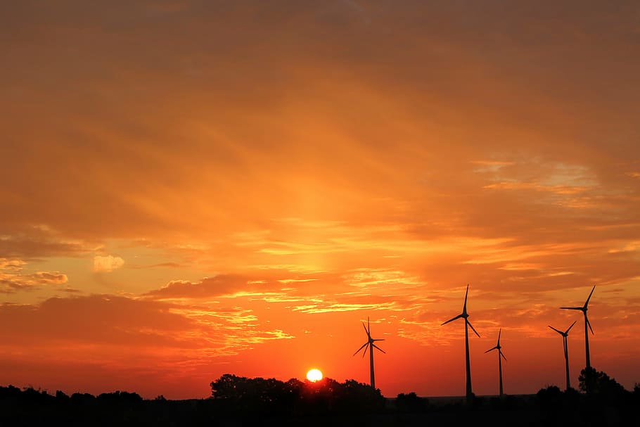 five white windmills at golden hour, sunset, sky, afterglow, twilight, HD wallpaper