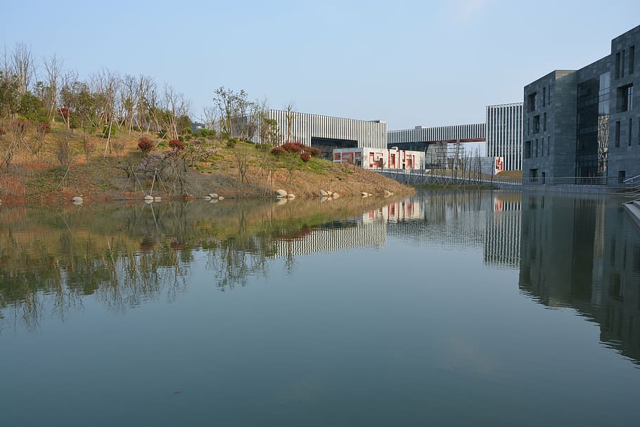 campus, architecture, design, reflection, water, river, built structure HD wallpaper