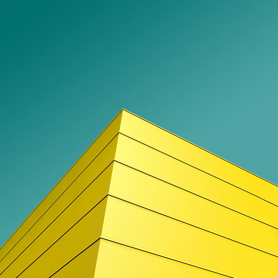 low angle photo of yellow and black striped building's corner, yellow building, HD wallpaper