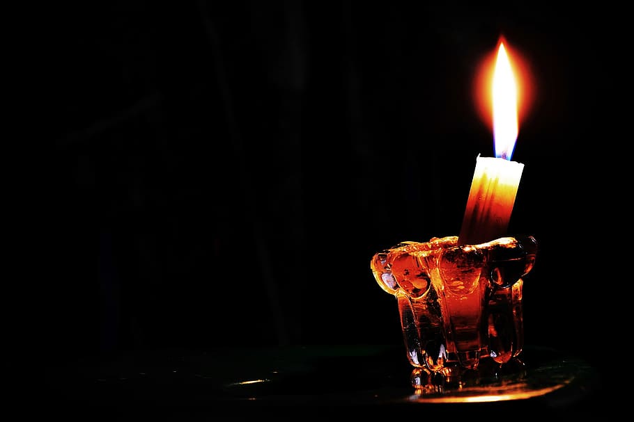 lighted candle on glass candle holder, flame, fire, night, dark, HD wallpaper