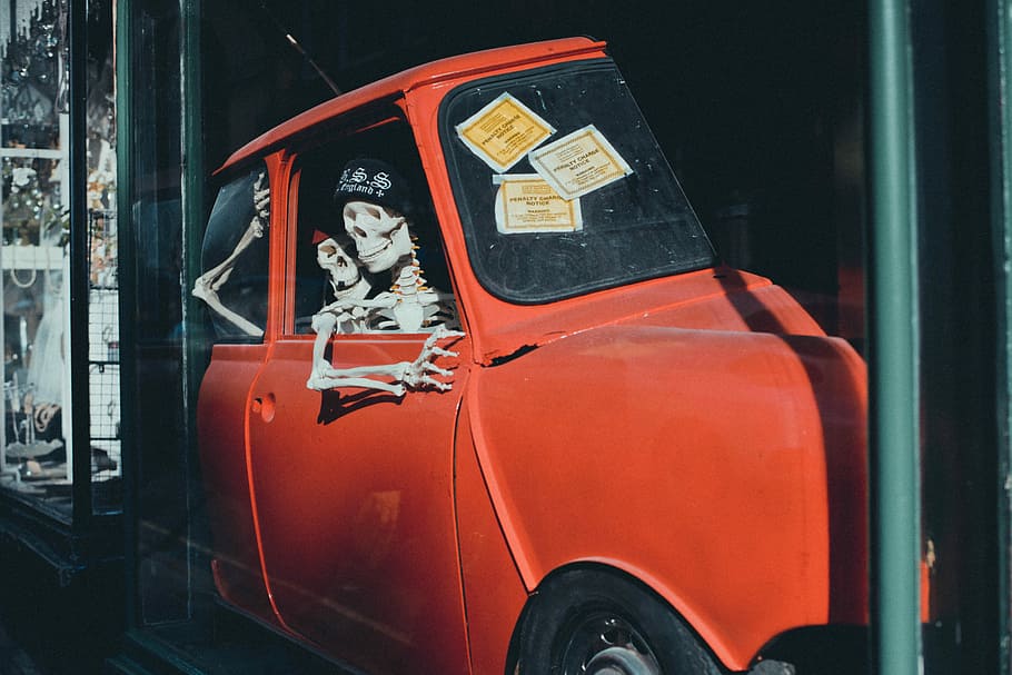 red MINI Cooper with skeleton inside, car, bones, old, transportation HD wallpaper