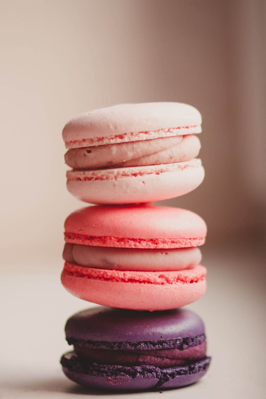 two pink and purple macaroons photo, pasta, sweet, yummy, beige, HD wallpaper