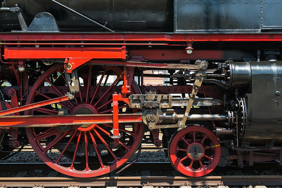 red and black train on rail, steam locomotive, connecting rods