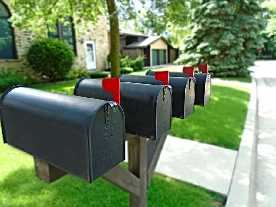 closed black mailbox, letterbox, flag, post, postbox, mailing HD wallpaper