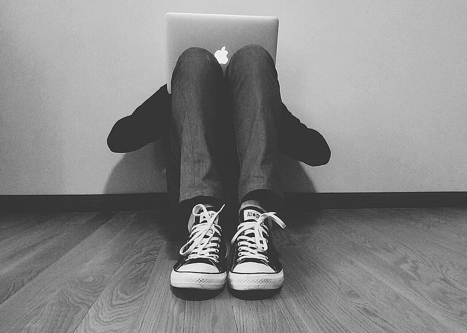 grayscale photography of person using MacBook, study, internet HD wallpaper