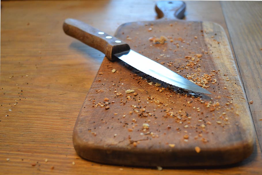 knife on chopping board, photo, brown, wooden, handle, cutting board HD wallpaper