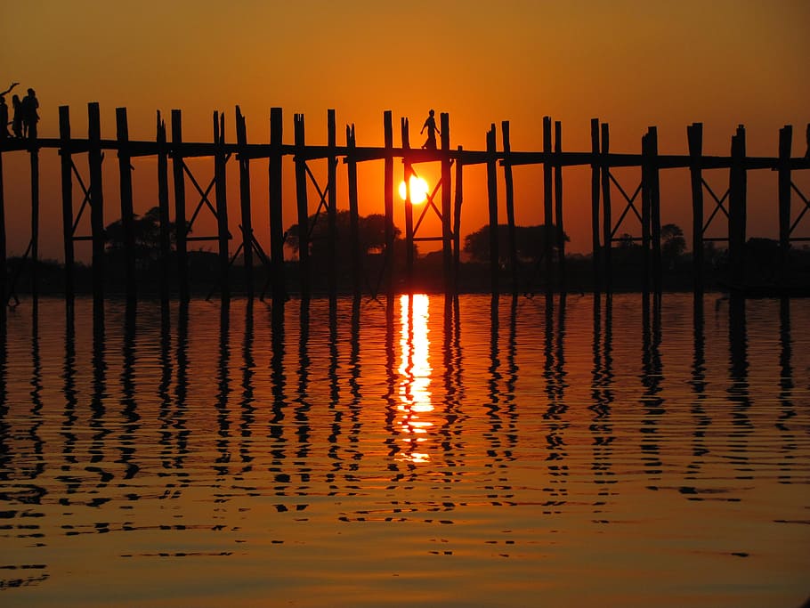 bridge, mirror, water, lake, sunset, orange color, sky, reflection HD wallpaper