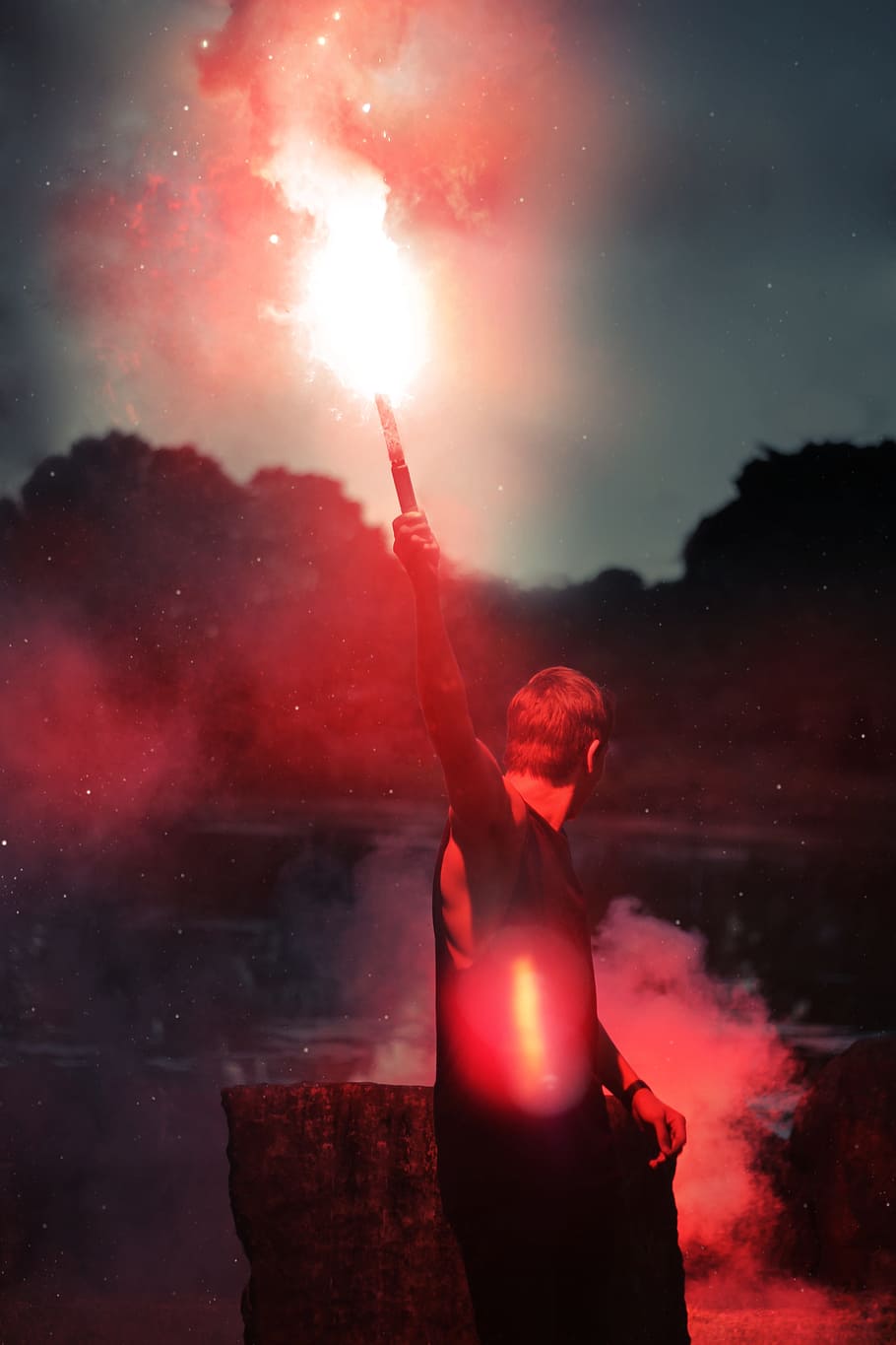 flare, light, smoke, guy, man, people, night, standing, one person HD wallpaper
