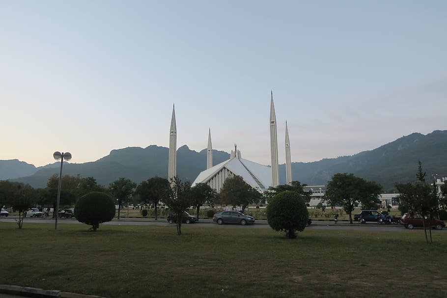 faisal mosque, mosquée, sky, plant, tree, nature, mountain HD wallpaper