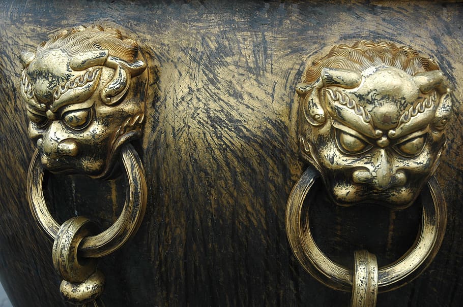 china, leon, ring, yellow, figures, decorative, copper, representation HD wallpaper