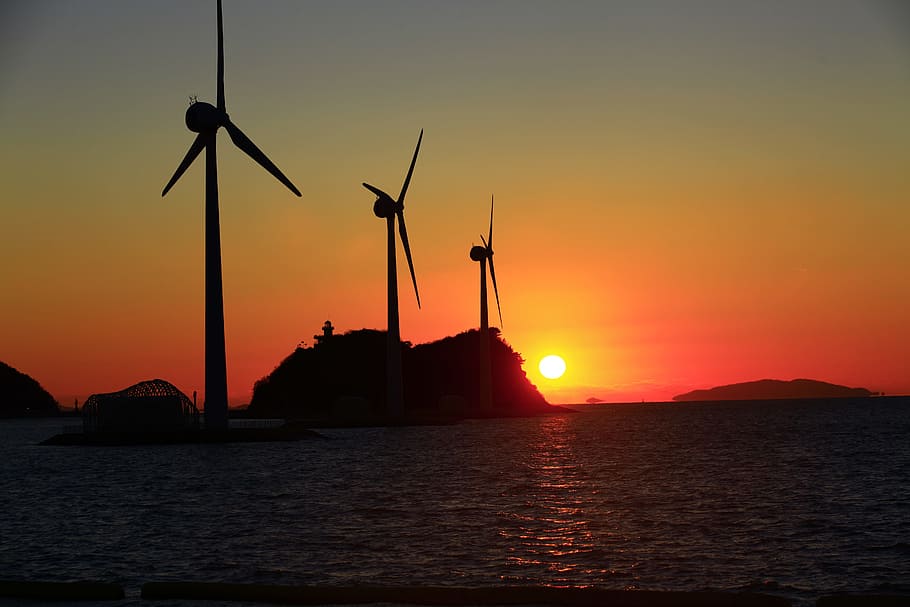 sunset, west coast, renewable energy, sky, wind turbine, water HD wallpaper
