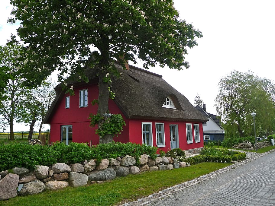 red painted house, thatched roof, building, architecture, home, HD wallpaper