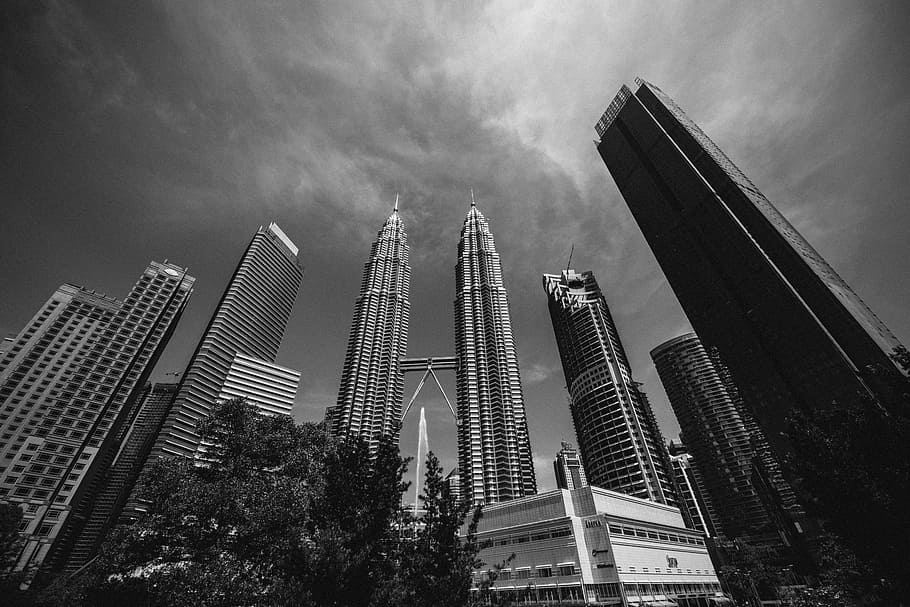 low-angle grayscale of Twin Towers under clear sky, skyscraper HD wallpaper